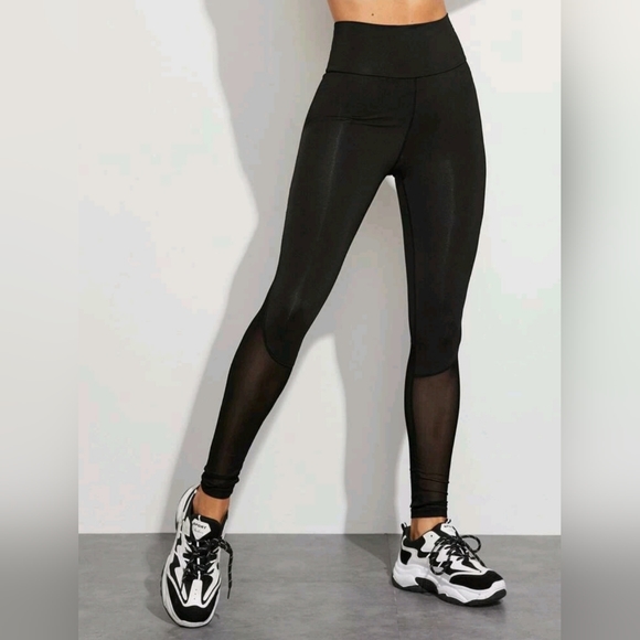 Yoga Trendy Contrast Mesh Wide Band Waist Sports Leggings Size Medium - Picture 4 of 5